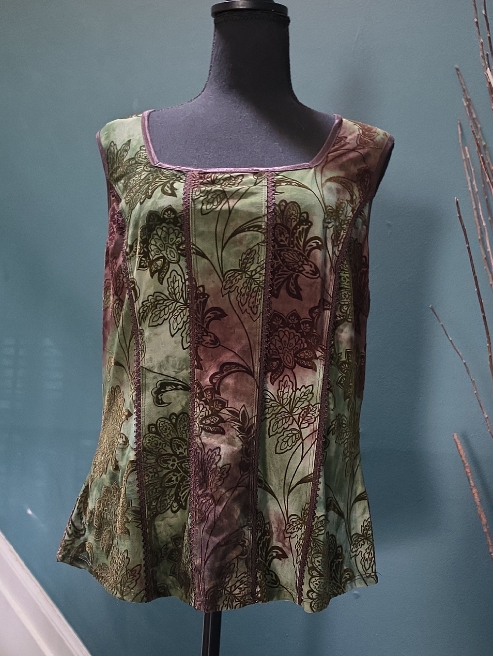 dressbarn Green and Brown Floral Burnout Square-Neck Camisole